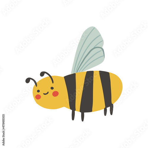 Cartoon happy wasp or bee isolated on white background. Vector childish bee illustration. Cute flat insect perfect for textile, sticker, poster, card