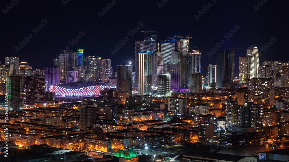 Batumi, Georgia - 31 December, 2021: Aerial View Of Urban Cityscape of Batumi At night