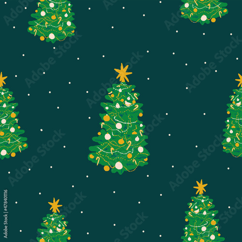 Seamless xmas pattern with green background. Christmas tree with ornaments and stars on top. Flat cartoon vector illustration for web design, holiday card, poster, sticker, poster, packaging design