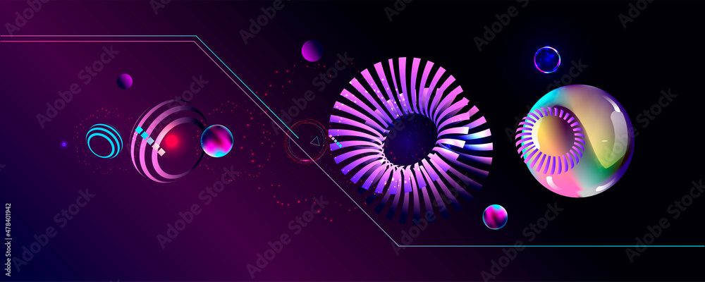 Dark retro futuristic art neon abstraction background cosmos new art 3d starry sky glowing galaxy and planets blue circles Dark retro futuristic art neon abstraction background cosmos new art 3d starry sky glowing galaxy and planets blue circles