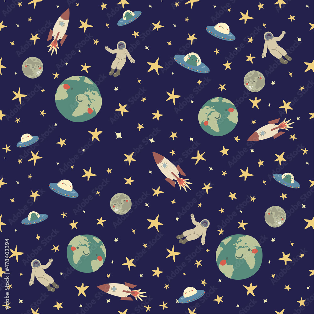 Seamless pattern of the planets of the Solar System in flat style. Pattern with planets and stars. Vector blue background, perfect for fabric, textile, wallpaper, wrap paper Seamless pattern of the planets of the Solar System in flat style. Pattern with planets and stars. Vector blue background, perfect for fabric, textile, wallpaper, wrap paper
