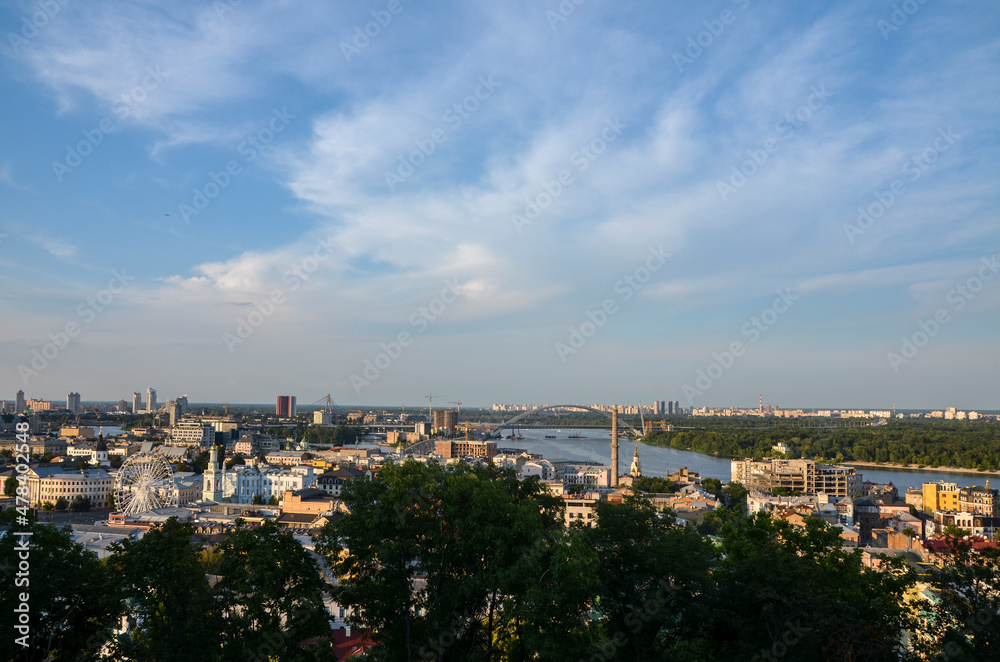 Panoramic view of the Dnipro River right bank and  one of the oldest neighborhoods Kyiv, Podil district. Historical part of the capital of Ukraine
