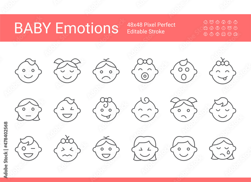 Vector icon set of baby's emotions. Editable vector stroke. 48x48 Pixel perfect. Vector icon set of baby's emotions. Editable vector stroke. 48x48 Pixel perfect.