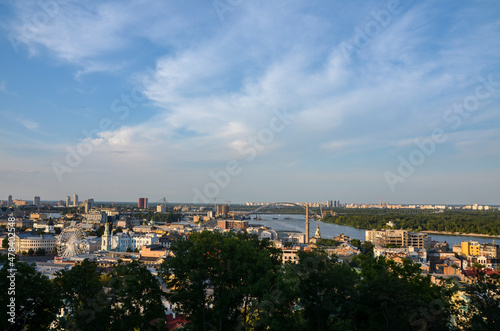 Panoramic view of the Dnipro River right bank and one of the oldest neighborhoods Kyiv, Podil district. Historical part of the capital of Ukraine 