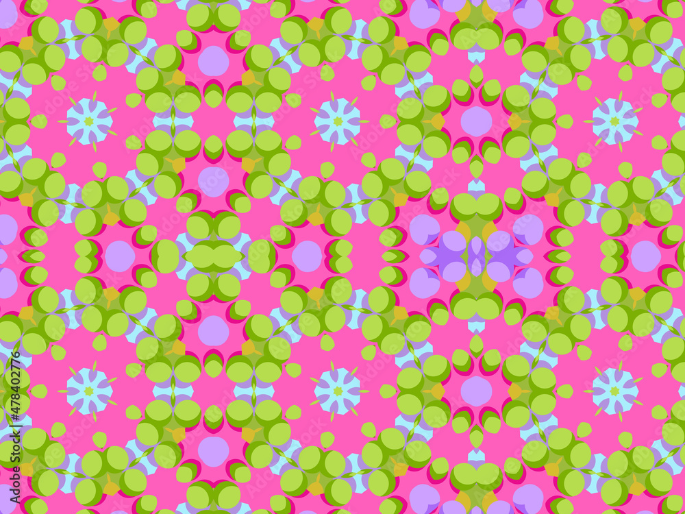 Modern geometric pattern in purple, magenta, green colors. Bright positive spring kaleidoscopic print for fabric design, wrapping paper, stationery. Repeating textile pattern with geometric flowers.