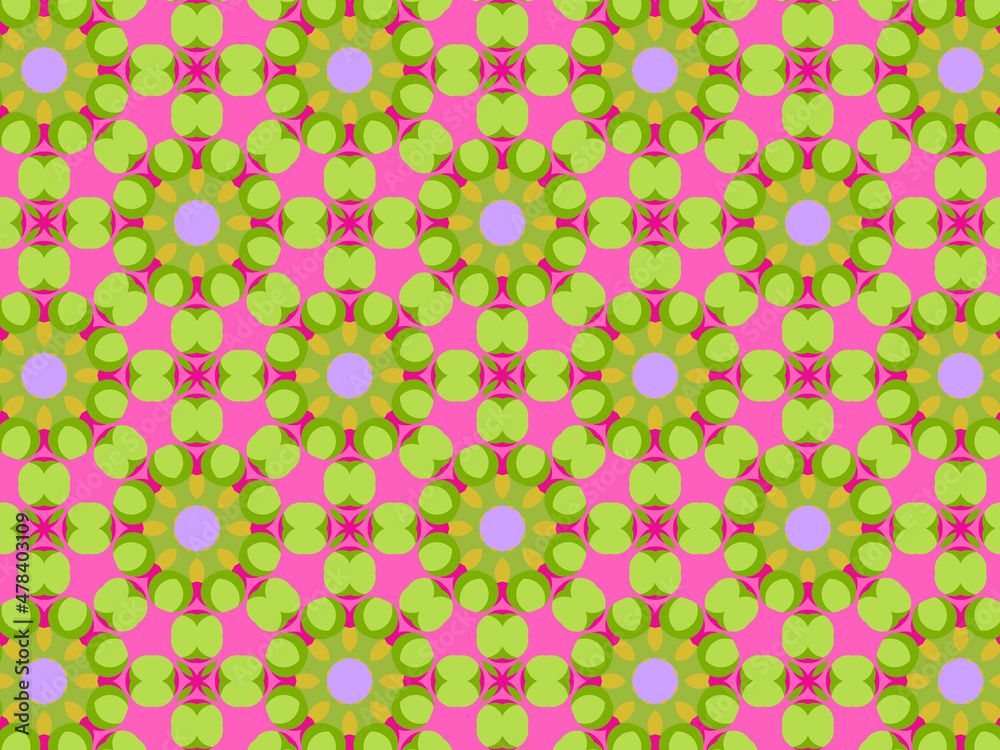 Modern geometric pattern in purple, magenta, green colors. Bright positive spring kaleidoscopic print for fabric design, wrapping paper, stationery. Repeating textile pattern with geometric flowers. Modern geometric pattern in purple, magenta, green colors. Bright positive spring kaleidoscopic print for fabric design, wrapping paper, stationery. Repeating textile pattern with geometric flowers.
