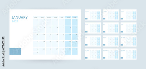 Monthly calendar template for the year 2022, the week starts on Monday. The calendar is in a blue color scheme.