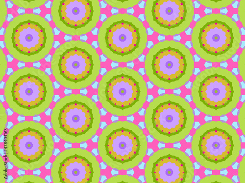 Modern geometric pattern in purple  magenta  green colors. Bright positive spring kaleidoscopic print for fabric design  wrapping paper  stationery. Repeating textile pattern with geometric flowers.