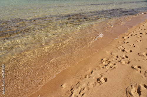 Traces on the sand of the tropical beach of the Red Sea.