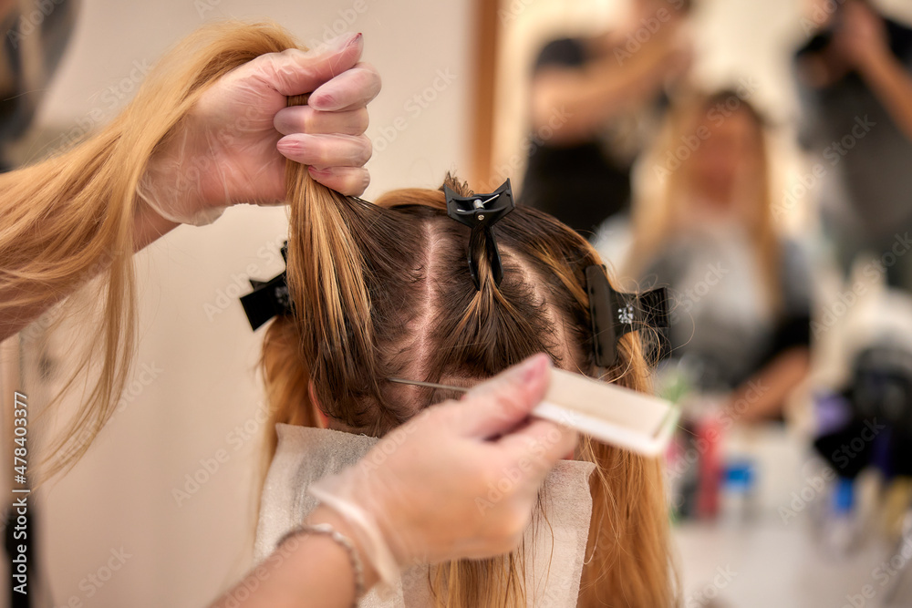 Frau bei Friseur - Haare werden geschnitten und gefärbt - obrazy, fototapety, plakaty 
