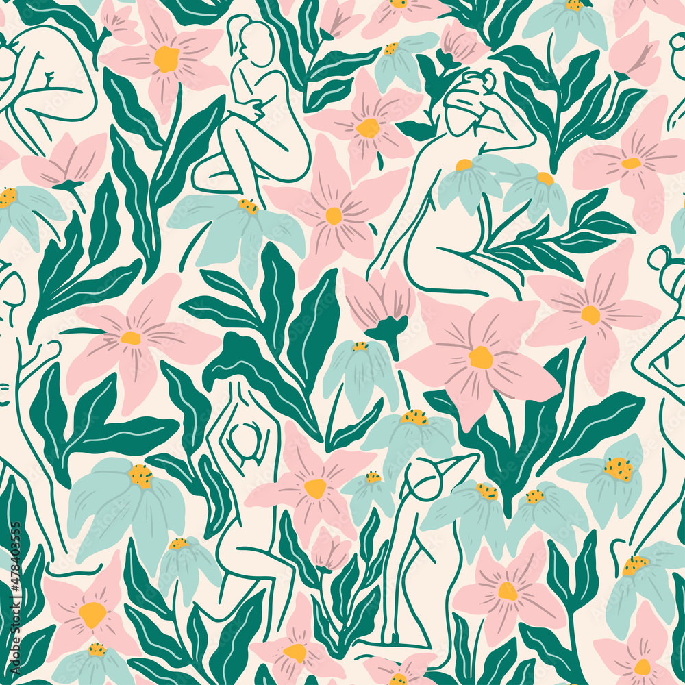 Floral pattern with hand-drawn sketches of women in different poses doing sports. Femininity, health and beauty concept
