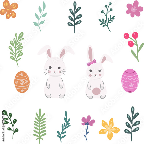 Set of easter illustrations of hare eggs and plants