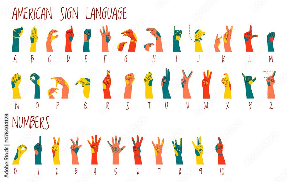 American sign language alphabet and numbers horizontal poster with ornament on hands. Different skin colors vector illustration for ASL education poster, card, brochure, canvas, website, books