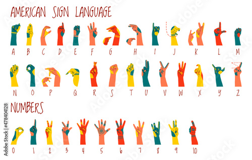 American sign language alphabet and numbers horizontal poster with ornament on hands. Different skin colors vector illustration for ASL education poster  card  brochure  canvas  website  books