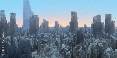 Urban skyline. Downtown area. City panorama. Colorful artistic scenery. Digital art.