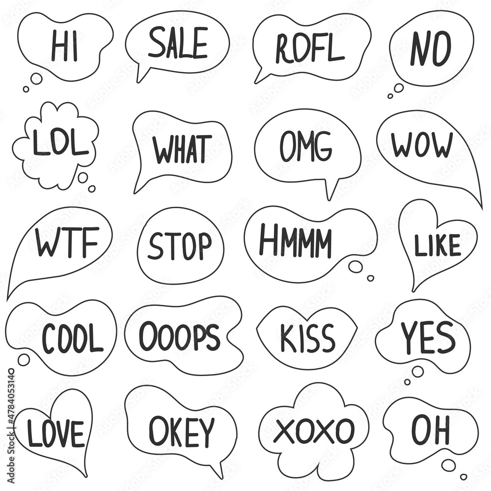 Speech bubble phrases hand draw big set . Online chat clouds with different words comments information shapes vector isolated on white background. Stock illustration