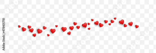Fototapeta Naklejka Na Ścianę i Meble -  Vector realistic hearts png. Red hearts on an isolated transparent background. Line of hearts. Festive banner, Valentine's Day, PNG.