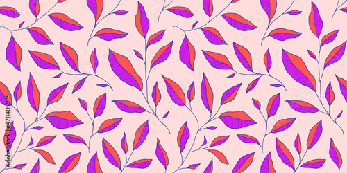 Seamless pattern with doodle colorful leaves. Vector floral background with stylized tree branches.