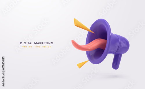 Digital marketing vector illustration. Megaphone with human tongue social media marketing banner template. Purple 3d cartoon loudspeaker on light background
