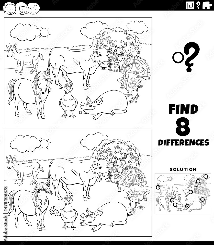 differences task with cartoon farm animals color book page
