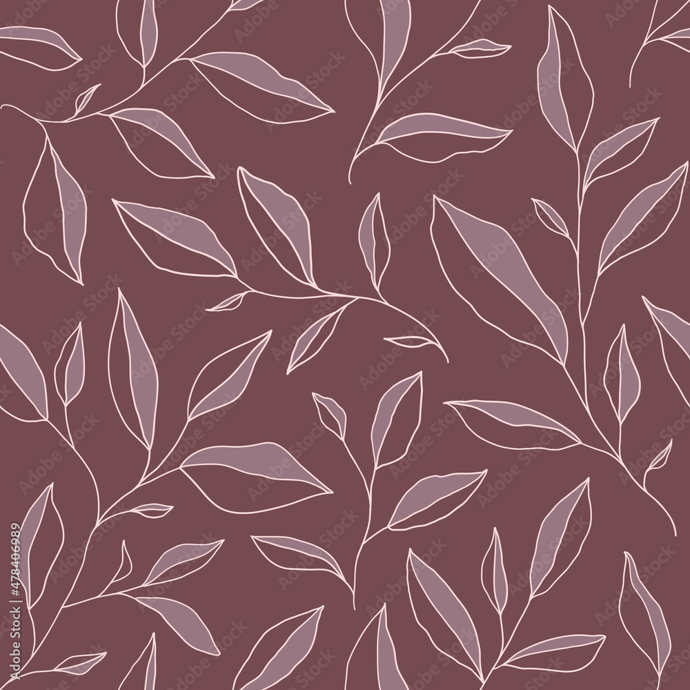 Seamless monochrome pattern with doodle leaves. Vector floral background with stylized tree branches. Seamless monochrome pattern with doodle leaves. Vector floral background with stylized tree branches.