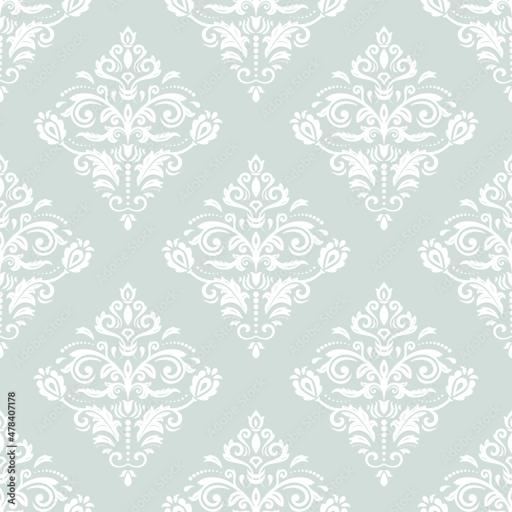 Seamless oriental pattern in the style of baroque. Traditional classic vector ornament. Light blue and white pattern