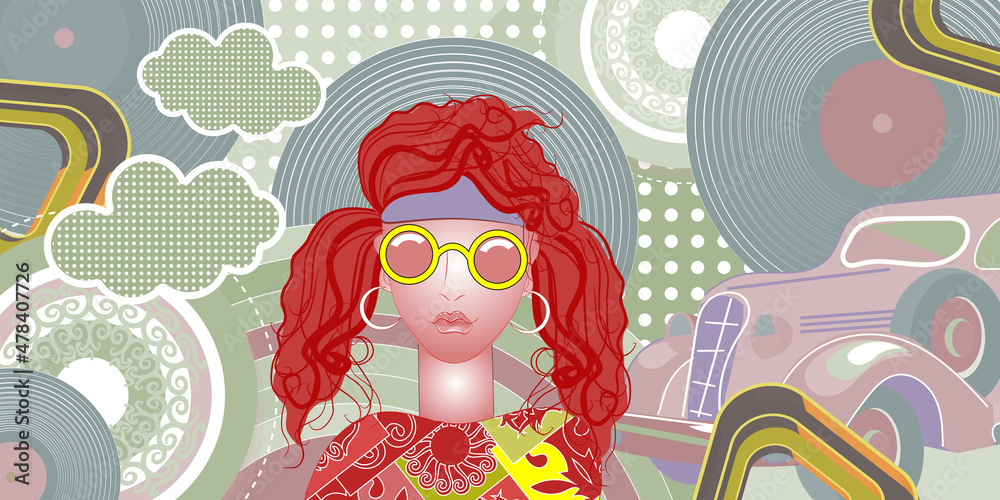 Fototapeta premium Modern collage in pop art style. Girl with long hair in a bandana and glasses,flying vinyl records, retro car and other items. Vector illustration