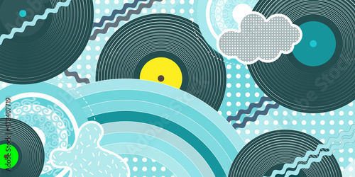 Modern collage in pop art style with memphis style elements. Flying vinyl records and other items. Blue palette. Vector illustration