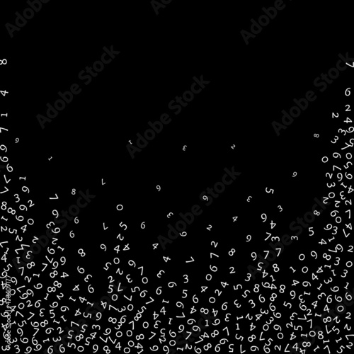 Falling numbers, big data concept. Binary white random flying digits. Alluring futuristic banner on black background. Digital vector illustration with falling numbers.