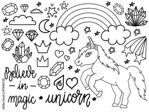 Hand drawn unicorn and other elements. Set of outline illustrations in doodle or cartoon style for coloring books and much more