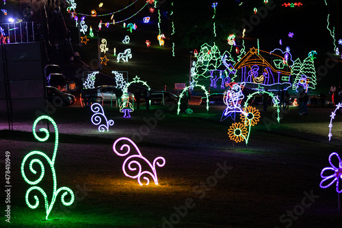 Boyacá, Colombia - 12/10/2021: Christmas lights at Pueblito Boyacense, small town decorated during pandemic with garlands
 photo