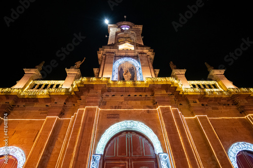 Boyacá, Colombia - 12/10/2021: Christmas lights at Pueblito Boyacense, small town decorated during pandemic with garlands
 photo