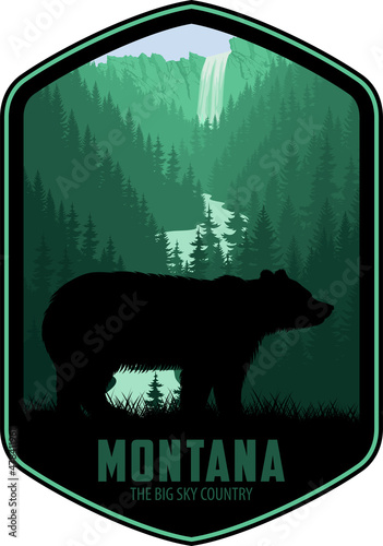 Montana vector label with grizzly bear in Yellowstone National Park 
