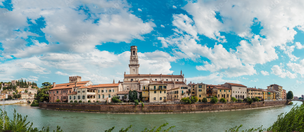 Panoramic of Verona crossed by the river Adige, with the tower of the Cathedral of Santa Maria Matricolare in the background.