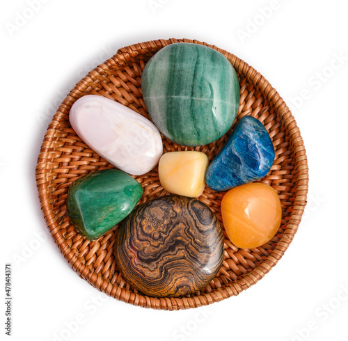 Cacholong, chrysoprase, opal, rose calcite, aventurine, aragonite, stromatolite, apatite and turquoise natural stones photo