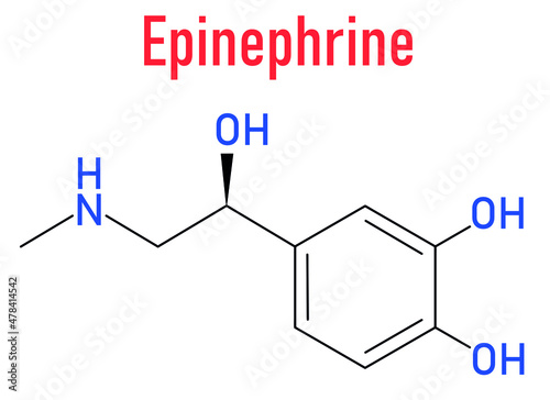 Adrenaline or adrenalin, epinephrine neurotransmitter molecule. Used as drug in treatment of anaphylaxis. Skeletal formula.