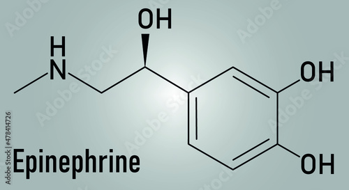 Adrenaline or adrenalin, epinephrine neurotransmitter molecule. Used as drug in treatment of anaphylaxis. Skeletal formula.