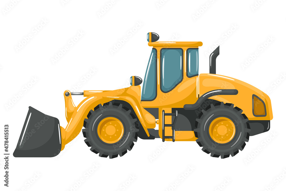 Heavy machinery with front loader cartoon style on white background. Heavy machinery with front loader cartoon style on white background.