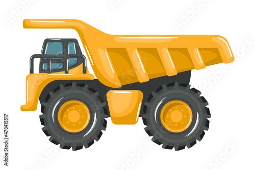 Heavy machinery with cartoon style yellow mining truck on white background.