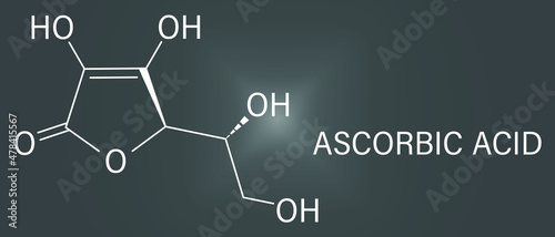 Vitamin C, ascorbic acid, ascorbate molecule. Skeletal formula. 