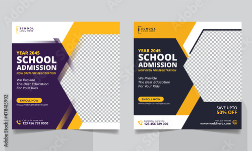 School admission social media post banner, educational social media post square flyer back to school web banner design template.