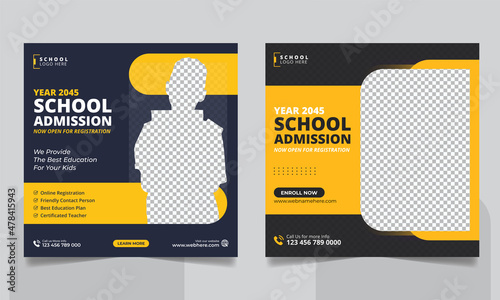 School admission social media post banner, educational social media post square flyer back to school web banner design template.