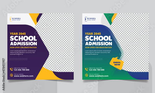 School admission social media post banner, educational social media post square flyer back to school web banner design template.