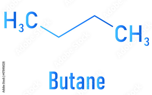 Butane hydrocarbon molecule. Commonly used as fuel gas, alone or combined with propane or LPG, liquified petroleum gas. Skeletal formula.