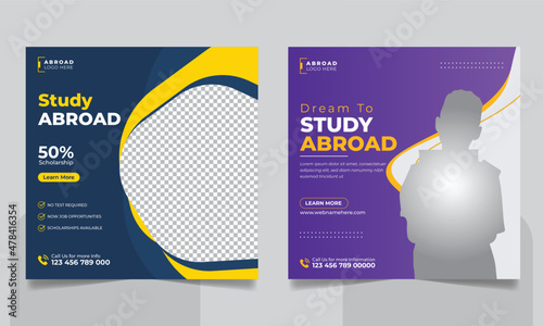 Study abroad social media post or higher education social media web banner square flyer template set. 
