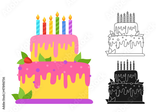 Birthday cake cartoon or stamp, doodle outline set. Birthday party surprise holiday celebrate cakes. Kids design for fabric, textile, stencil stain print. Invitation design tasty dessert vector icon