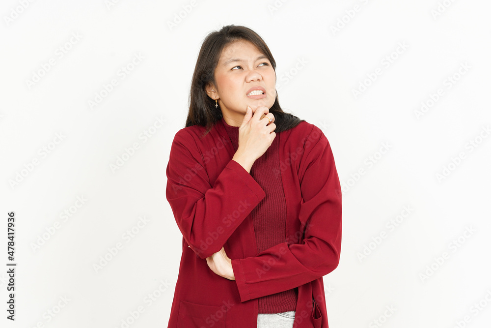 Thinking Gesture of Beautiful Asian Woman Wearing Red Shirt Isolated On White Background Thinking Gesture of Beautiful Asian Woman Wearing Red Shirt Isolated On White Background