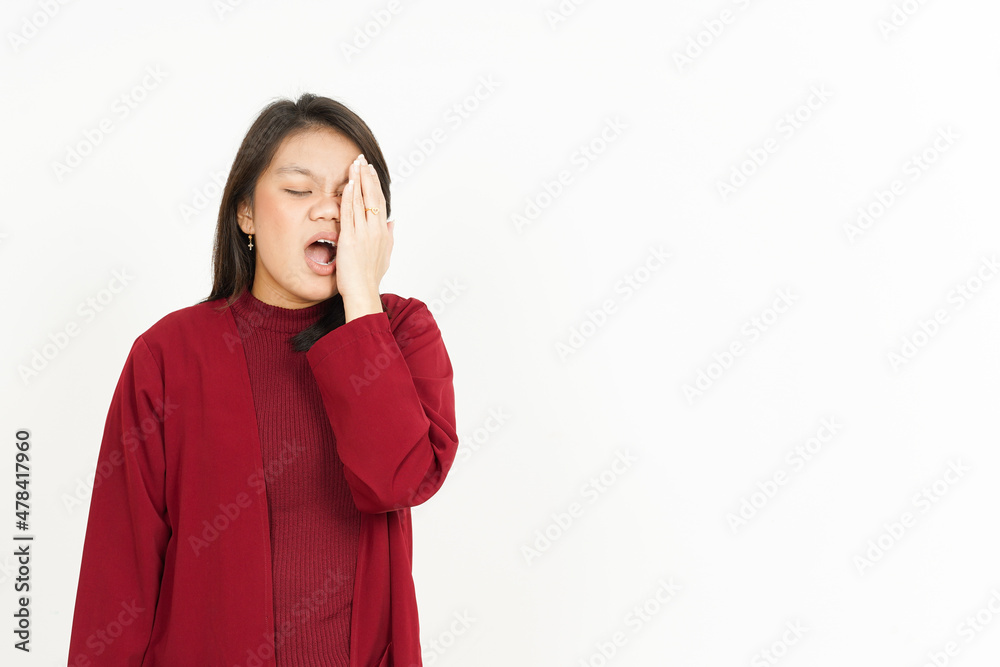 Headache Gesture of Beautiful Asian Woman Wearing Red Shirt Isolated On White Background Headache Gesture of Beautiful Asian Woman Wearing Red Shirt Isolated On White Background