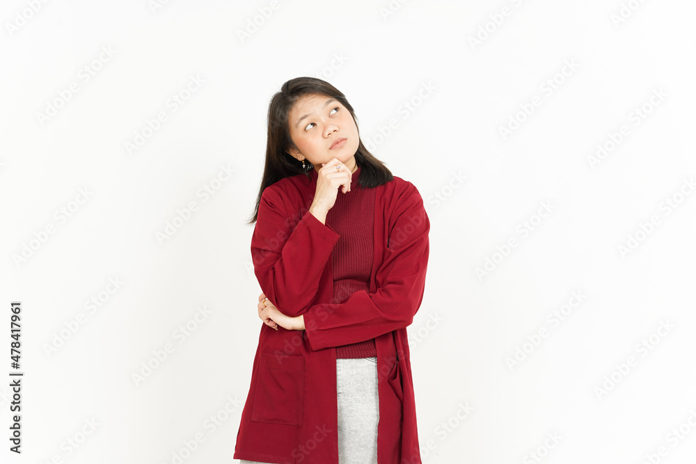 Thinking Gesture of Beautiful Asian Woman Wearing Red Shirt Isolated On White Background Thinking Gesture of Beautiful Asian Woman Wearing Red Shirt Isolated On White Background