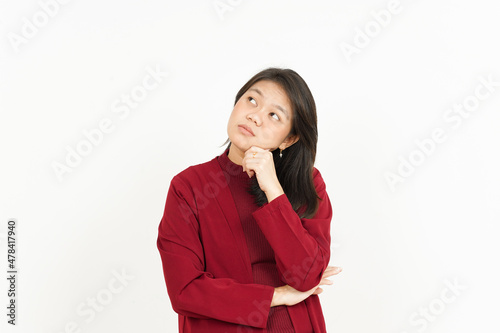 Thinking Gesture of Beautiful Asian Woman Wearing Red Shirt Isolated On White Background